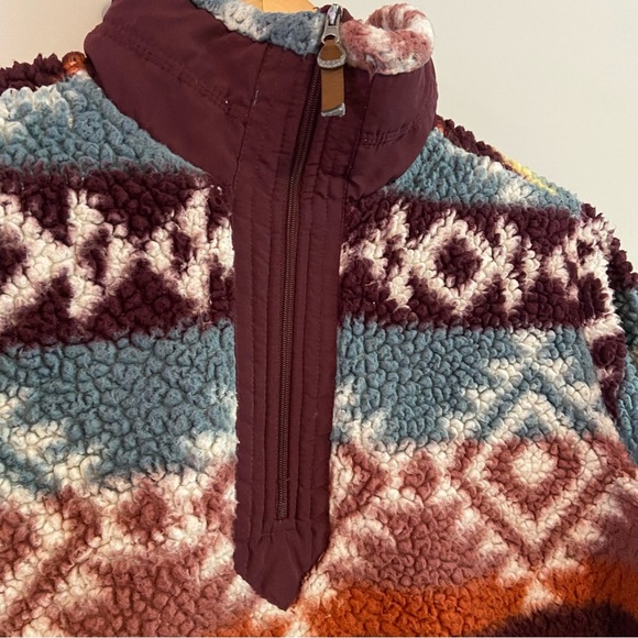 Brown and Blue Cowl Neck Sweater with Geometric Patterns - Picture 2 of 7